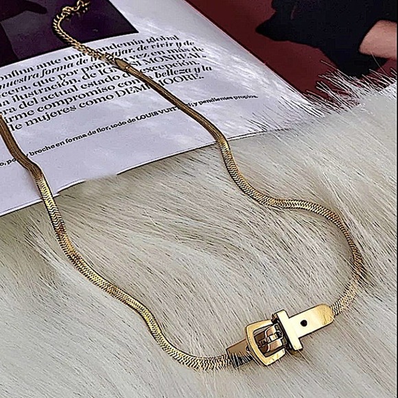 Belt Buckle Design Gold Plated Herringbone Choker Matching Bracelet Set - Picture 10 of 14